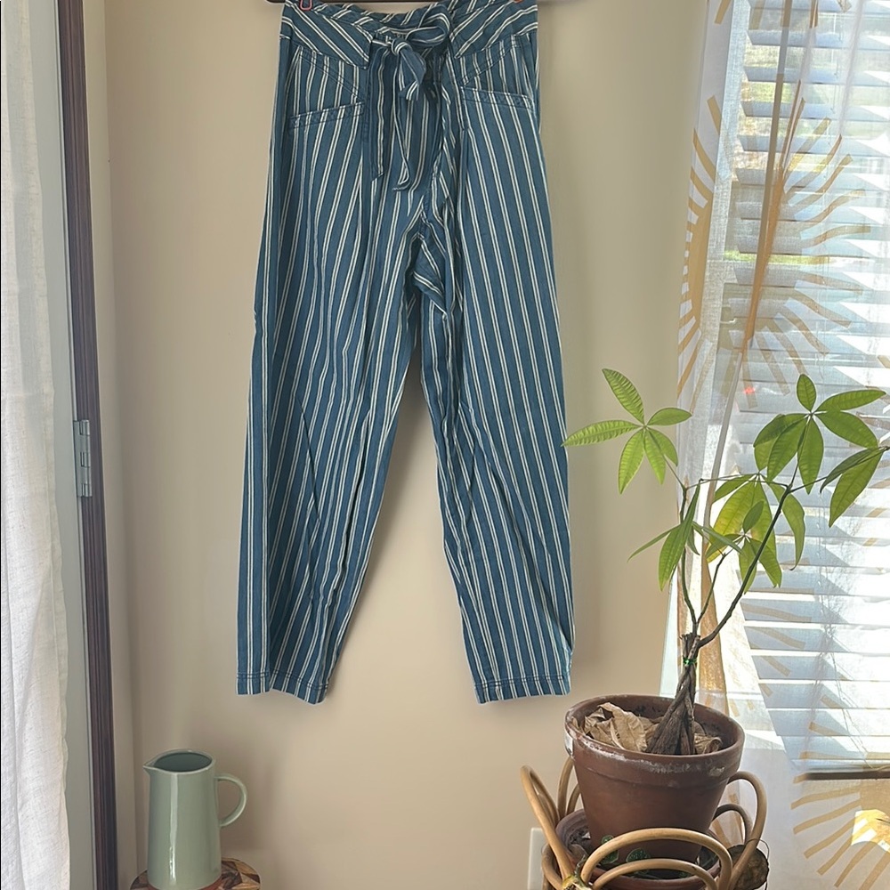 Striped Blue and White High-Waisted Pants